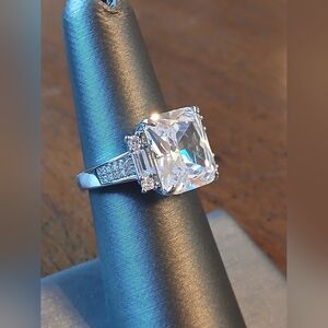 18k White Gold Plated Ring With Massive Clear Stone Adjustable Size 6.25 +